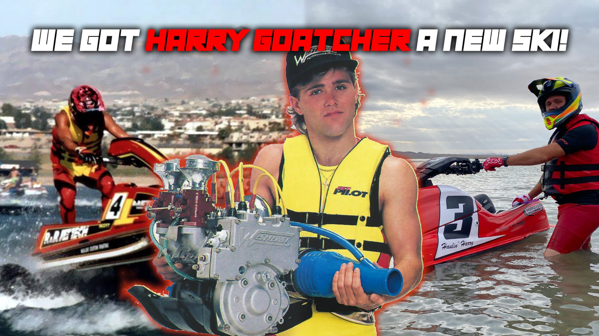 Harry 'Haulin' Harry' Goatcher holding a racing engine with two vintage race skis